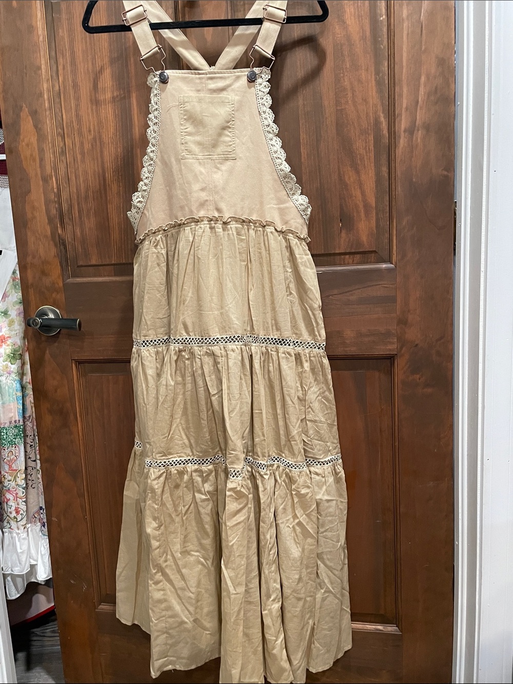 HYFVE Beige Lace-Trim Maxi Pinafore Dress
